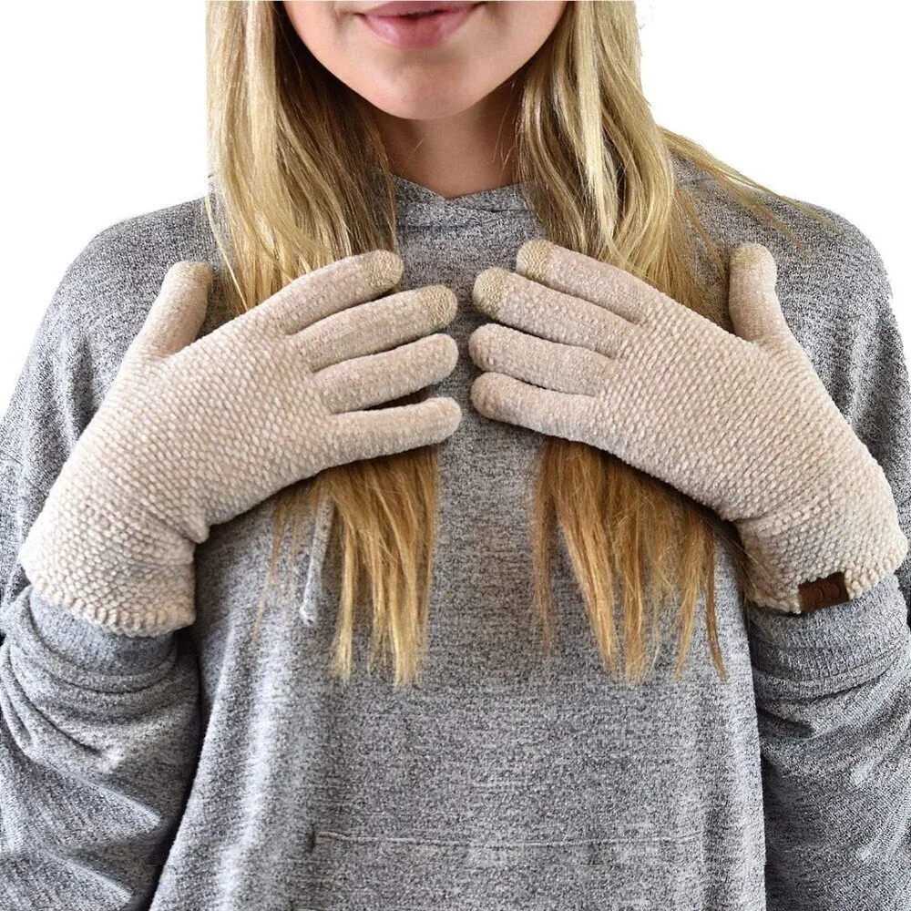 Women's Beige Winter Warm Eco-friendly Warm Chenille Touchscreen Texting Gloves
